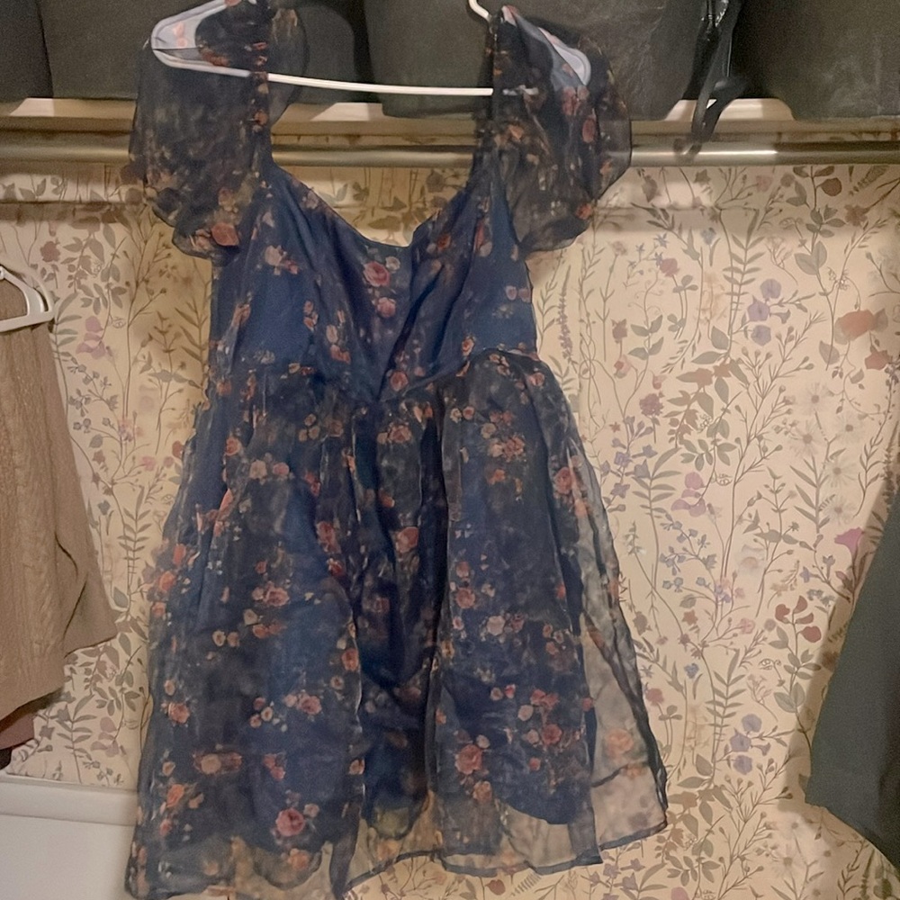 A blue dress with red floral pattern in the size large by Altar’d State